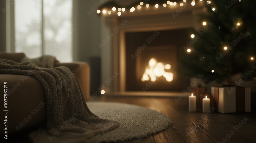 Cozy living room with holiday lights and christmas tree for seasonal festivity Cozy living room with holiday lights and christmas tree for seasonal festivity