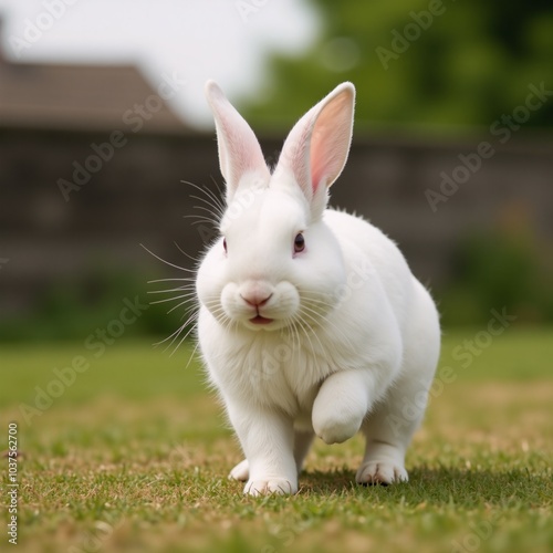 A fluffy hopping white rabbit with long ear flaps against a gentle backdrop