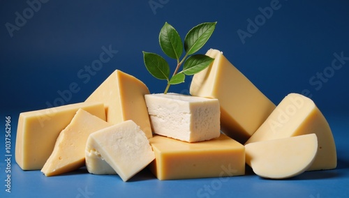 A colorful arrangement of assorted cheeses with a sprig of greenery adorns a blue platter Cheese Plate photo