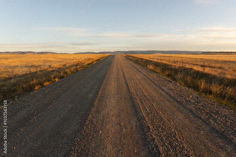 Naklejka premium Rural country dirt gravel road, western ranch lane at sunrise, rural street at sunset, centered