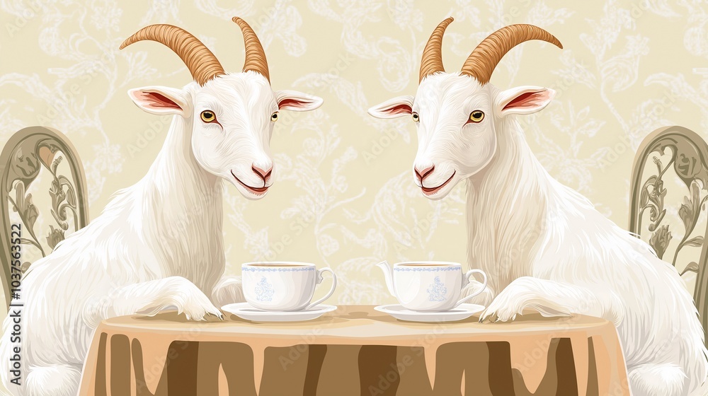 two cute white goat in the cafe. cartoon style