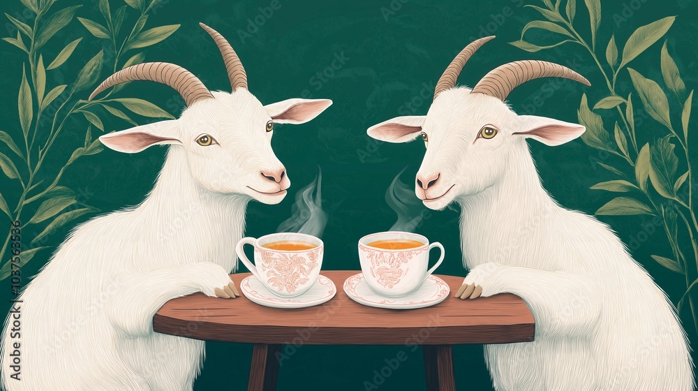 two cute white goat in the cafe. cartoon style