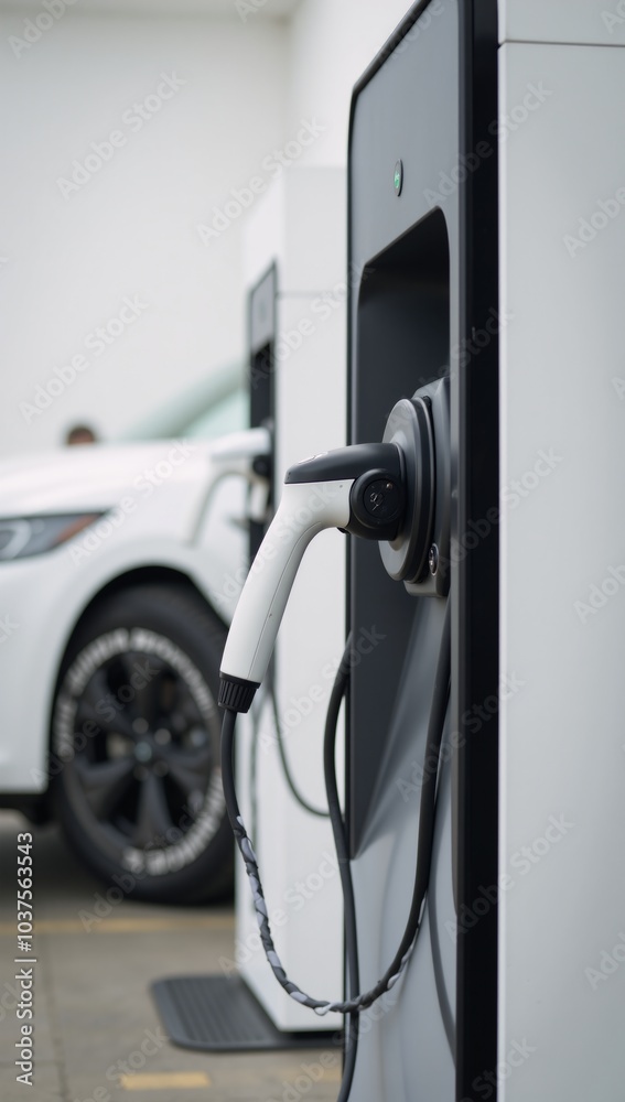 Detailed view of an advanced electric car charging station embodying innovation in EV tech minimalist sleek Detailed view of an advanced electric car charging station embodying innovation in EV tech minimalist sleek