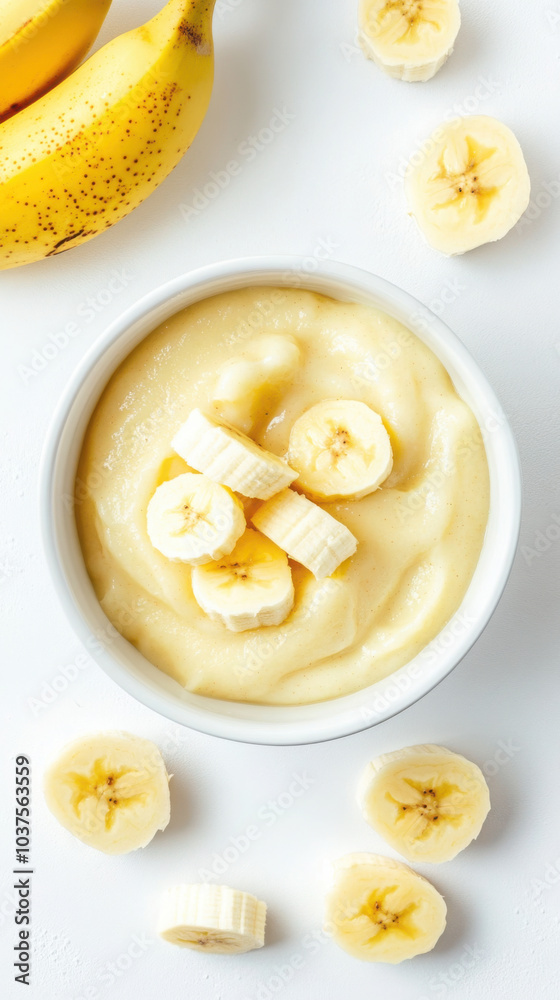 Freshly pureed banana in clean white baby bowl Freshly pureed banana in clean white baby bowl