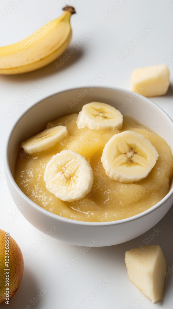 Freshly pureed baby food bowl with banana and apple slices on white background Freshly pureed baby food bowl with banana and apple slices on white background