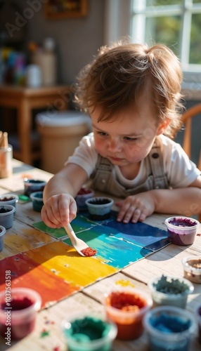 Curious toddler joyfully finger painting on blue table photo