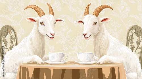 Obraz na płótnie two cute white goat in the cafe. cartoon style w salonie