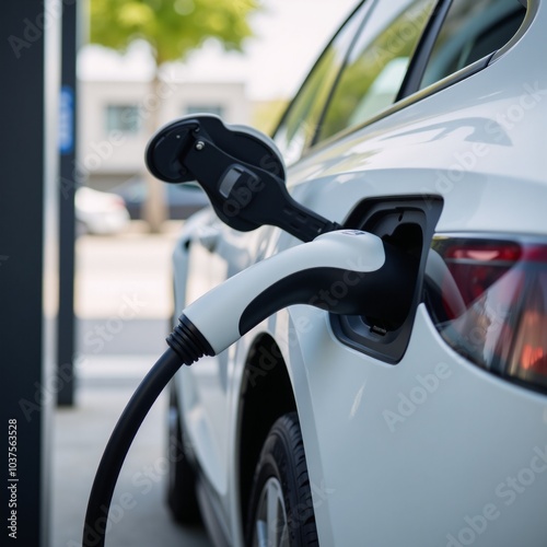 Electric car charging at station close-up view of an electric vehicle connected to a charging port