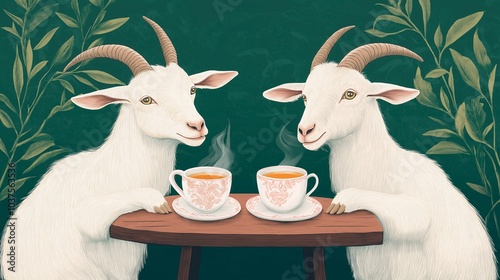Obraz na płótnie two cute white goat in the cafe. cartoon style w salonie
