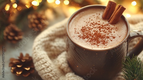 Warm Cocoa Drink with Cinnamon Sticks and Sprinkles