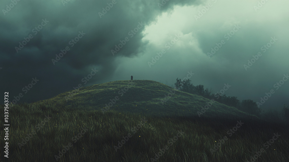 A hill during a thunderstorm, with dark clouds rolling in, creating a dramatic atmosphere. A hill during a thunderstorm, with dark clouds rolling in, creating a dramatic atmosphere.