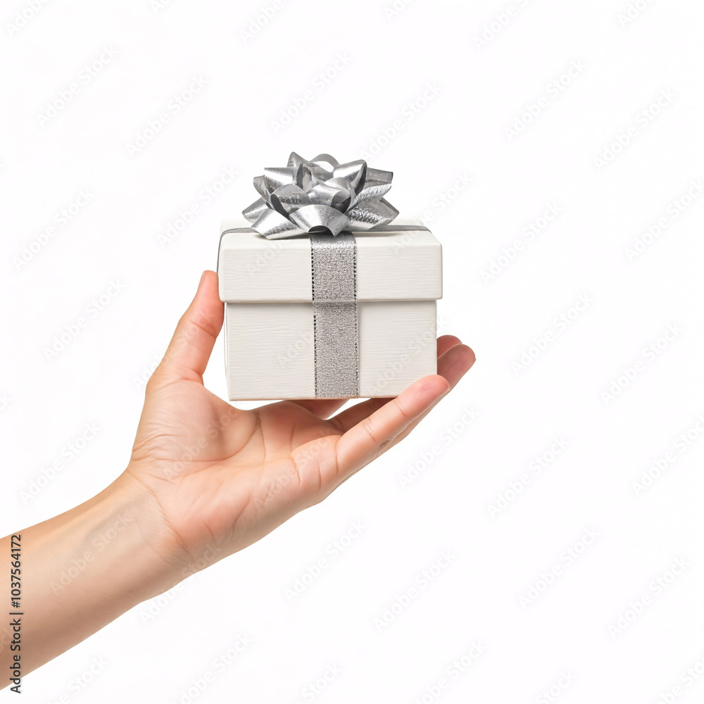 hand holding white gift box with silver ribbon on white background hand holding white gift box with silver ribbon on white background