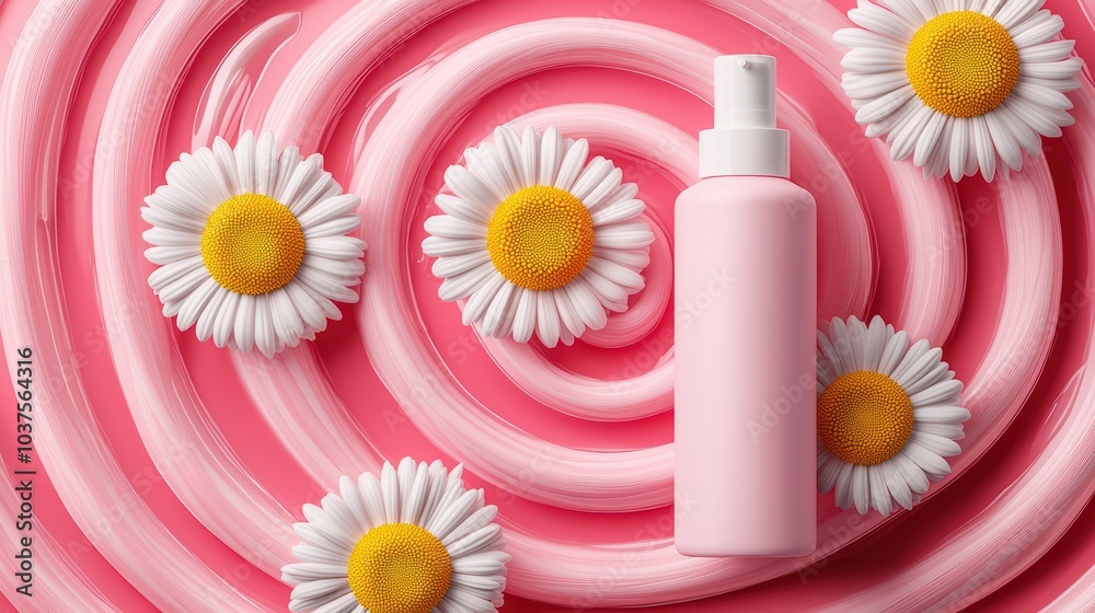 Pink cosmetic bottle surrounded by daisies on a pink cream background.