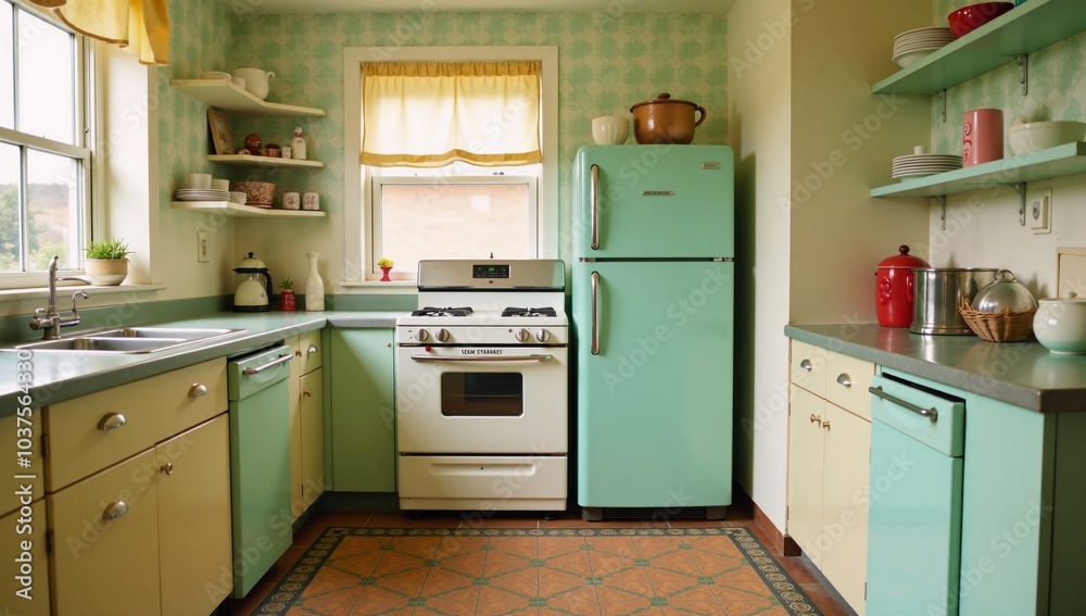 Fototapeta premium Nostalgic 1950s-style retro kitchen featuring antique appliances and vintage decor