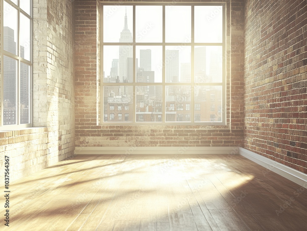 Fototapeta premium A large room with a brick wall and a window