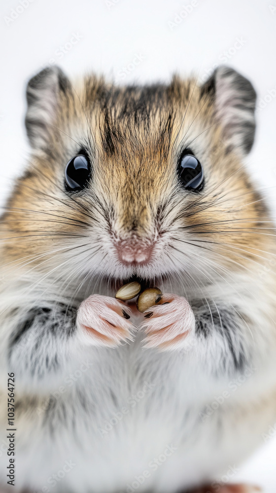 Cute hamster with surprised expression holding seeds in paws Cute hamster with surprised expression holding seeds in paws