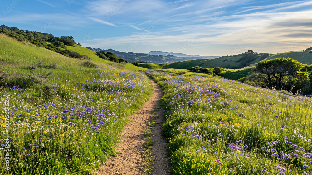 Naklejka premium A hill dotted with wildflowers, inviting hikers to explore its natural beauty.
