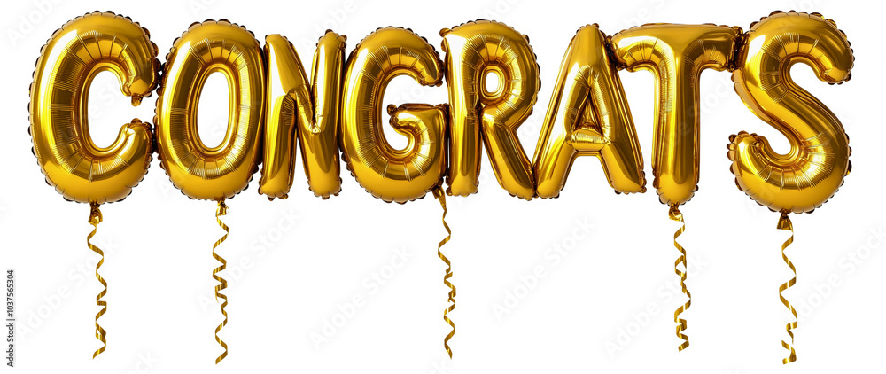 Fototapeta premium Golden balloon spells congrats, isolated word for anniversary or jubilee event, company celebration text in shiny font, success symbol for party invitation, transparent background