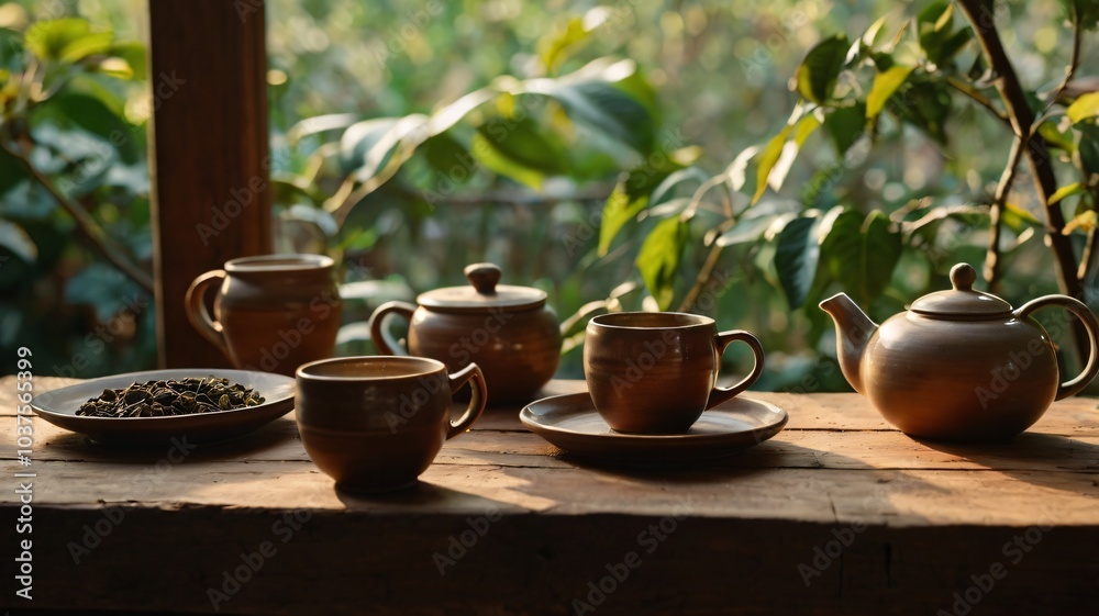Tea preparation in a sunlit garden with clay teapots and cups arranged on a wooden table surrounded by lush greenery Tea preparation in a sunlit garden with clay teapots and cups arranged on a wooden table surrounded by lush greenery