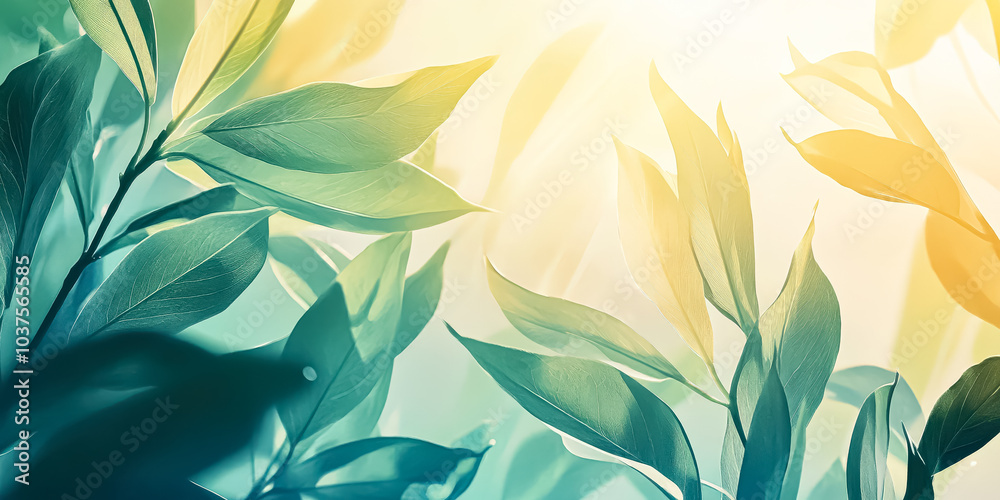 Leafy green plant with a bright yellow sun shining on it. The leaves are green and the sun is shining brightly on them Leafy green plant with a bright yellow sun shining on it. The leaves are green and the sun is shining brightly on them