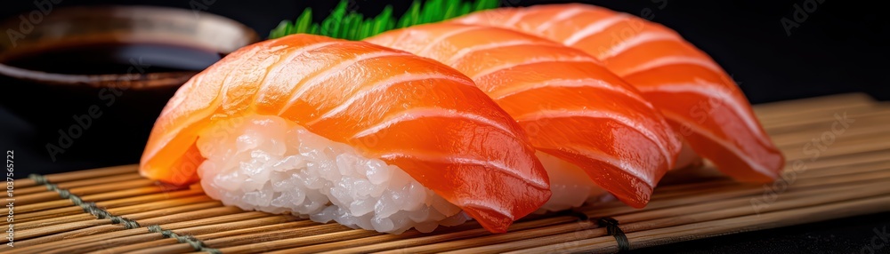 Three pieces of delicious salmon sushi served on bamboo mat with soy sauce dip. Three pieces of delicious salmon sushi served on bamboo mat with soy sauce dip.