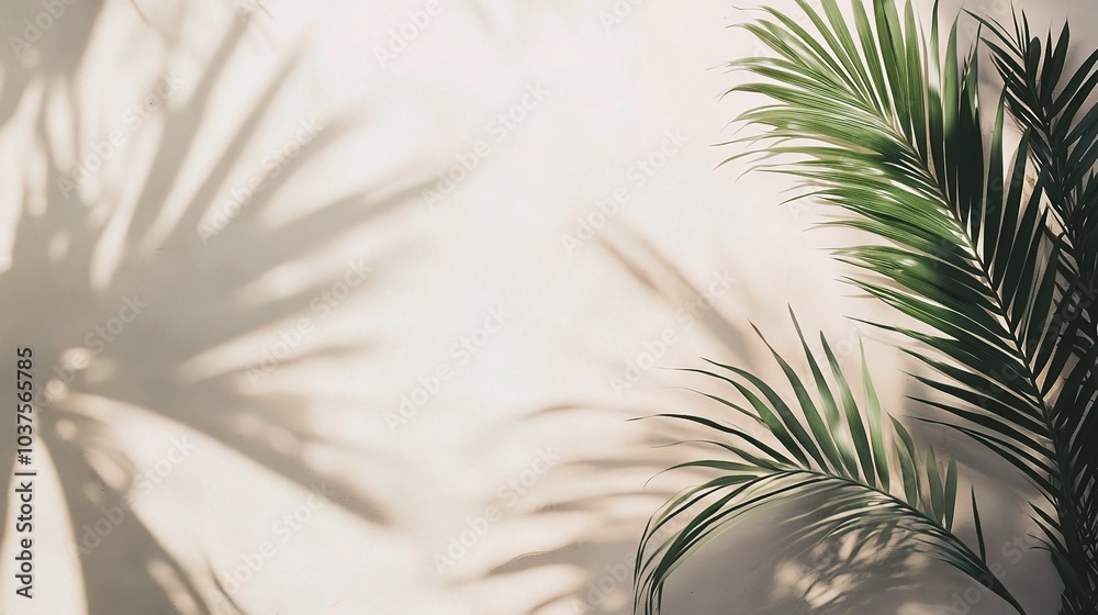 Obraz premium Palm Leaf Shadow Minimalist: A serene and minimalist photograph of a single palm leaf casting a delicate shadow on a warm beige wall, evoking a sense of tranquility and natural beauty. 