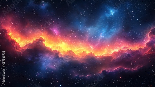 A vibrant cosmic scene featuring colorful clouds and stars in a vast universe.