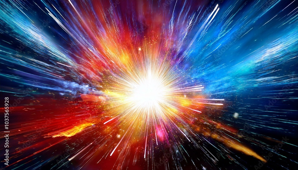 Chromatic Explosion: A central point of bright white light surrounded by splashes of deep reds, blues, and yellows. Chromatic Explosion: A central point of bright white light surrounded by splashes of deep reds, blues, and yellows.