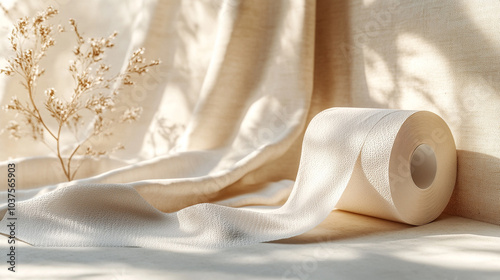 
A highly detailed mockup image of a roll of toilet paper on a clean, light-colored background. 