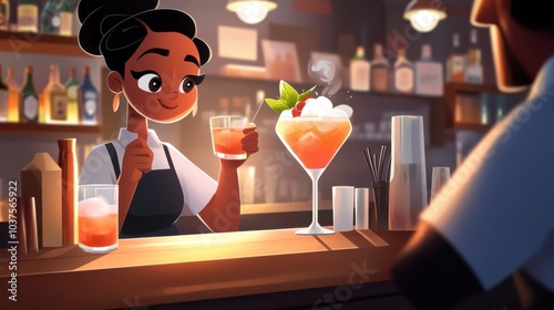 A skilled bartender works behind a lively bar, crafting a vibrant cocktail with artistic flair, capturing the essence of creativity and hospitality in one image. photo