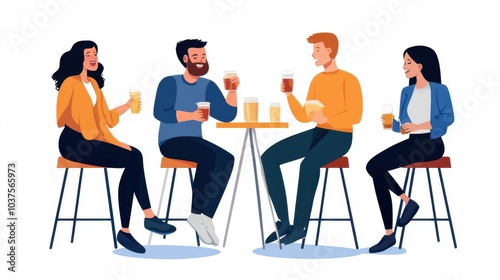 Four friends enjoy a cozy gathering with drinks and laughter at a bar table, encapsulating friendship and relaxation in a modern animated style setting.