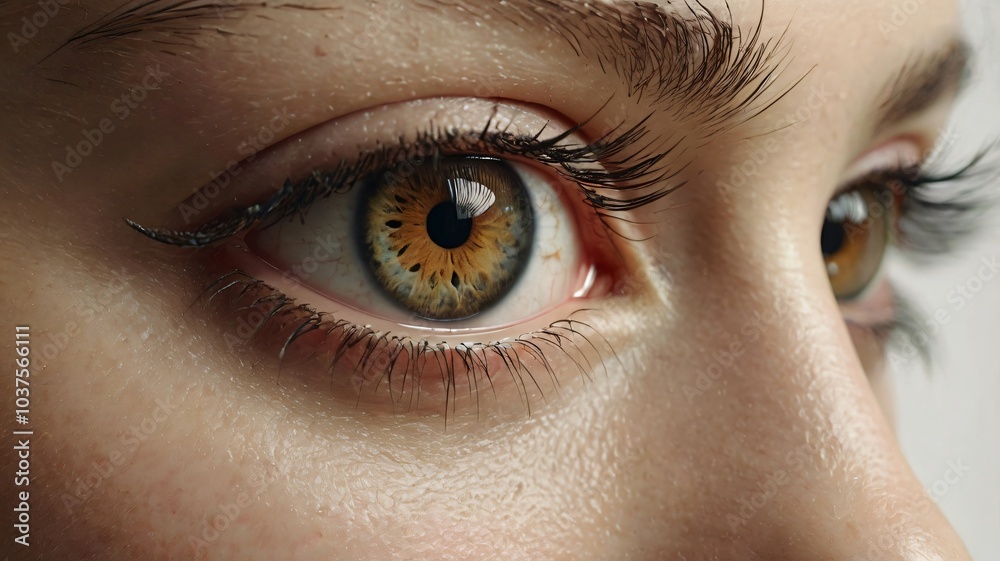 Fototapeta premium Close-up view of striking eyes with golden and green hues, emphasizing intricate details and texture, captured in a bright setting