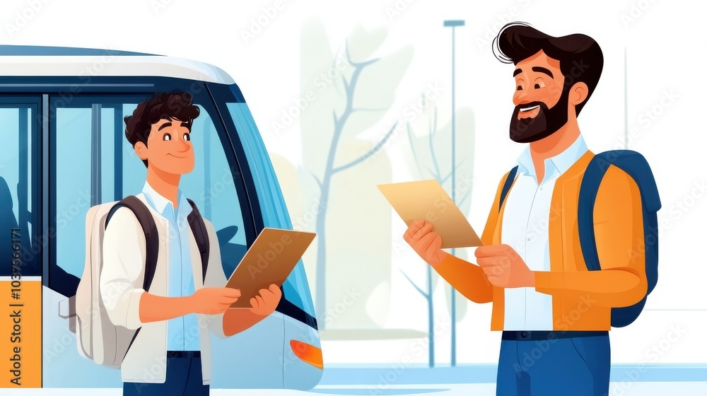 Two smiling individuals with backpacks exchange documents in front of a bus, capturing the essence of collaboration and shared journeys in sunlit surroundings. Two smiling individuals with backpacks exchange documents in front of a bus, capturing the essence of collaboration and shared journeys in sunlit surroundings.
