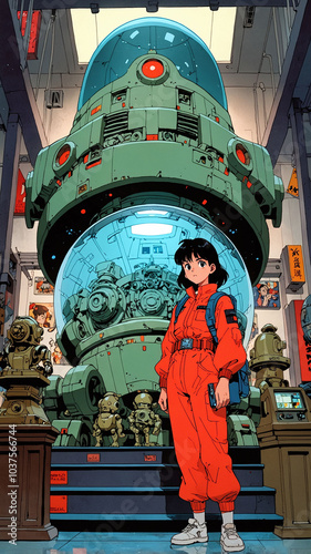 Retro-futuristic anime museum with exhibits of ancient technology and artifacts photo