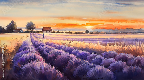 Tranquil Lavender Field Sunset Landscape Painting