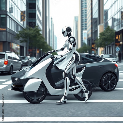 A futuristic robot riding a sleek two-wheeled vehicle in a busy city street during the daytime