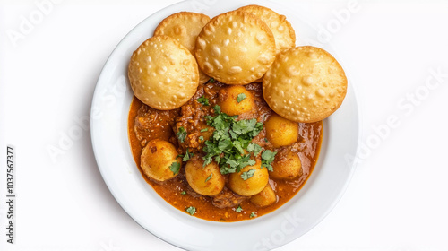 Puri with aloo sabji in plate isolated on white background