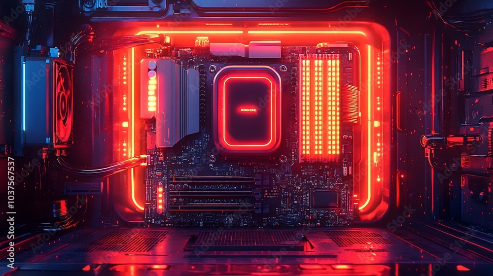 A close-up of a computer motherboard illuminated with vibrant red lights. A close-up of a computer motherboard illuminated with vibrant red lights.