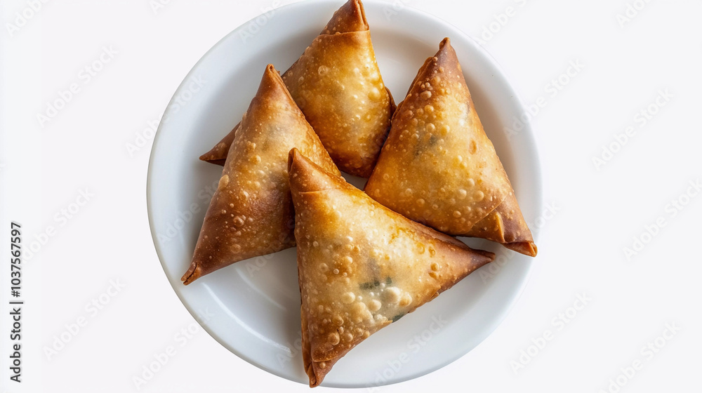 Top view of samosa in plate isolated on white background with clipping path