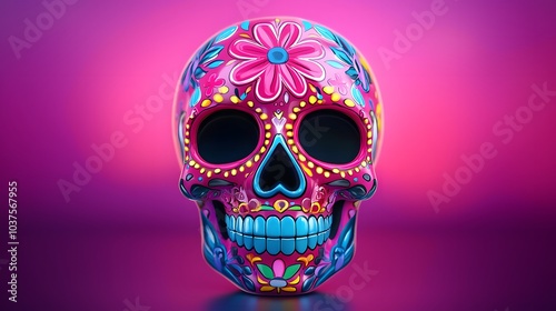 Sugar Skull with Floral Design on Pink Background.