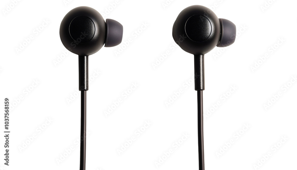 Isolated earphones for music: sound device and audio equipment, stereo gadget to listen with, technological headphones wired for digital audio experience, transparent background Isolated earphones for music: sound device and audio equipment, stereo gadget to listen with, technological headphones wired for digital audio experience, transparent background