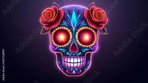 Neon Sugar Skull with Roses.