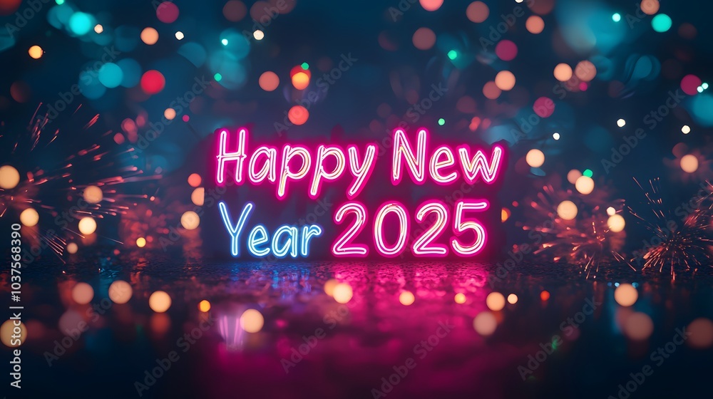 Happy New Year 2025 Neon Sign with Fireworks. Happy New Year 2025 Neon Sign with Fireworks.