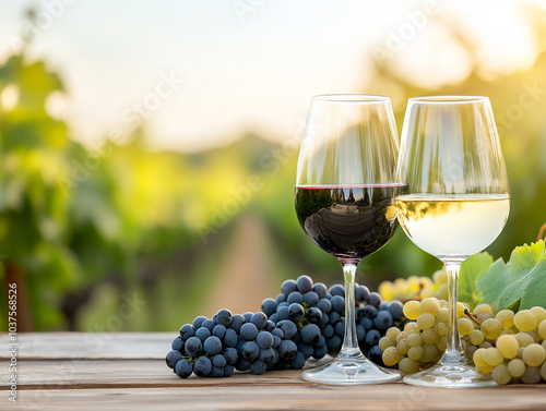  glasses of red and white wine and ripe grapes on table in vineyard