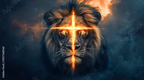 Lion of Judah with cross, Christian religion symbol, faith in Jesus and God, Bible king illustration, church Christianity animal emblem of power