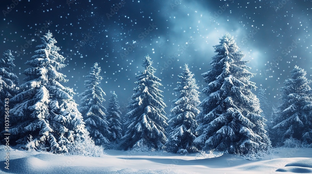 Enchanted Winter Forest: Snow-covered evergreen trees stand tall under a mesmerizing night sky Enchanted Winter Forest: Snow-covered evergreen trees stand tall under a mesmerizing night sky