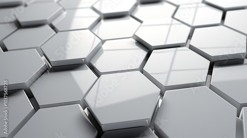 Abstract white geometric hexagon with white 3d grid. Neumorphism elegant science background. Random grey honeycomb pattern.