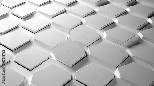 Abstract white geometric hexagon with white 3d grid. Neumorphism elegant science background. Random grey honeycomb pattern
