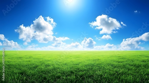 A vast green grassland under the blue sky, with clouds scattered in the distance and no trees on it. The background is clean and bright, presenting an endless expanse of emerald-green fields