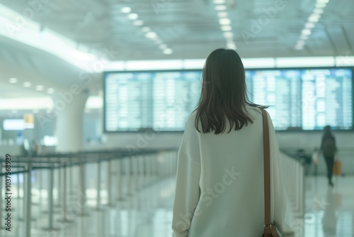 Traveler walking through an empty airport terminal, gazing at the large departure board, preparing for a solo journey or international flight